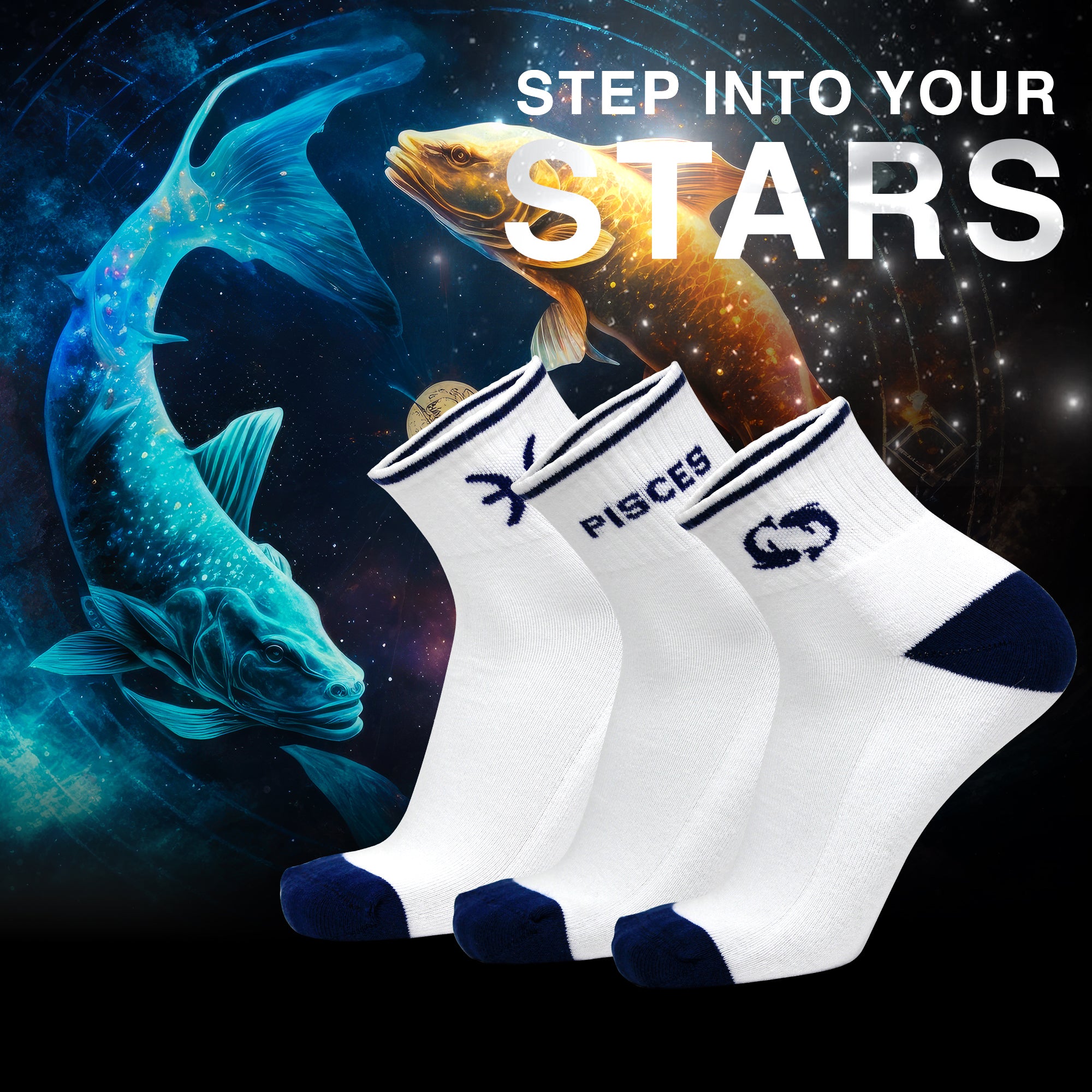 Design Pisces Ankle Socks-White Base Pack of 3