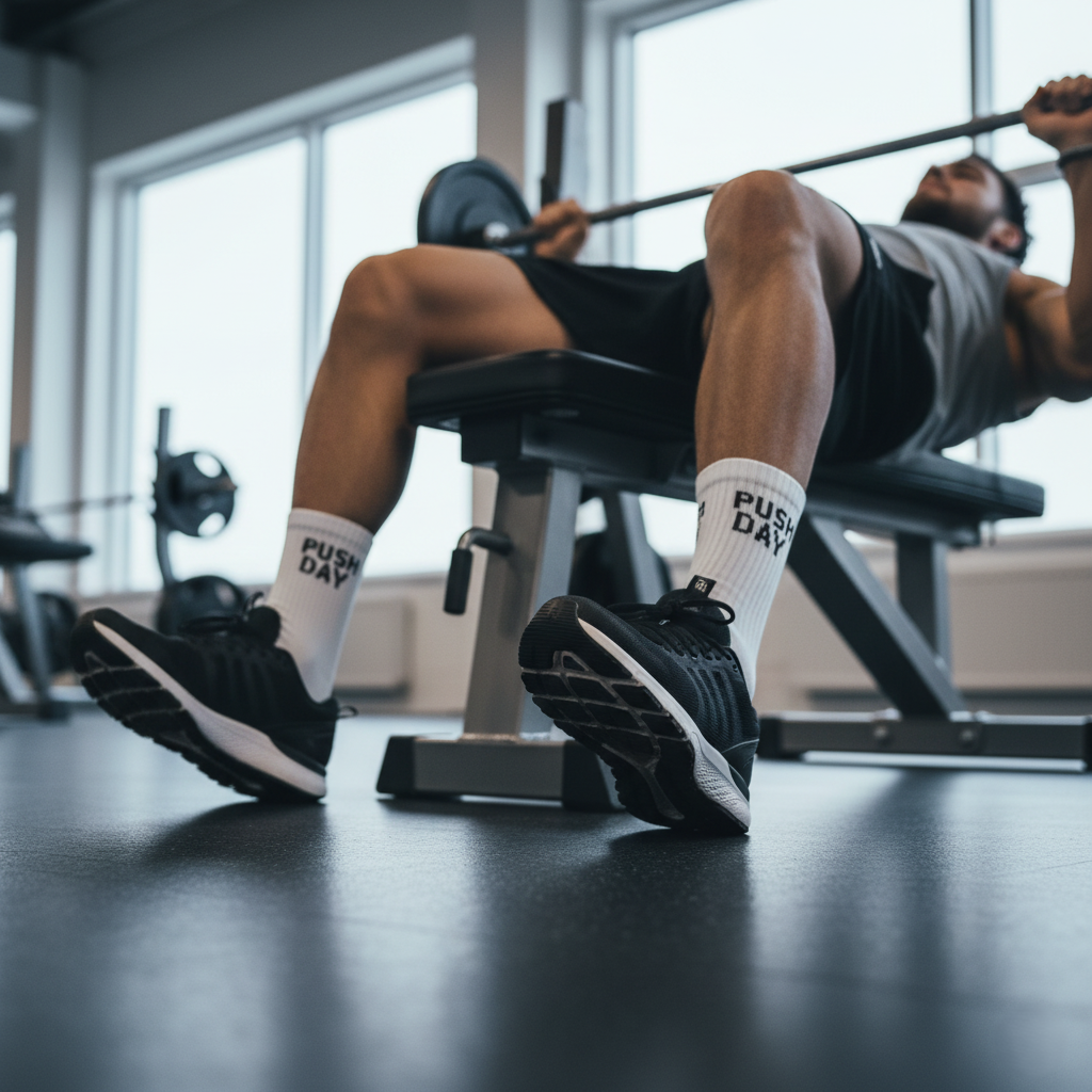 White ankle socks 'push day' text , soft cotton blend, durable for gym days from The Sock Street.