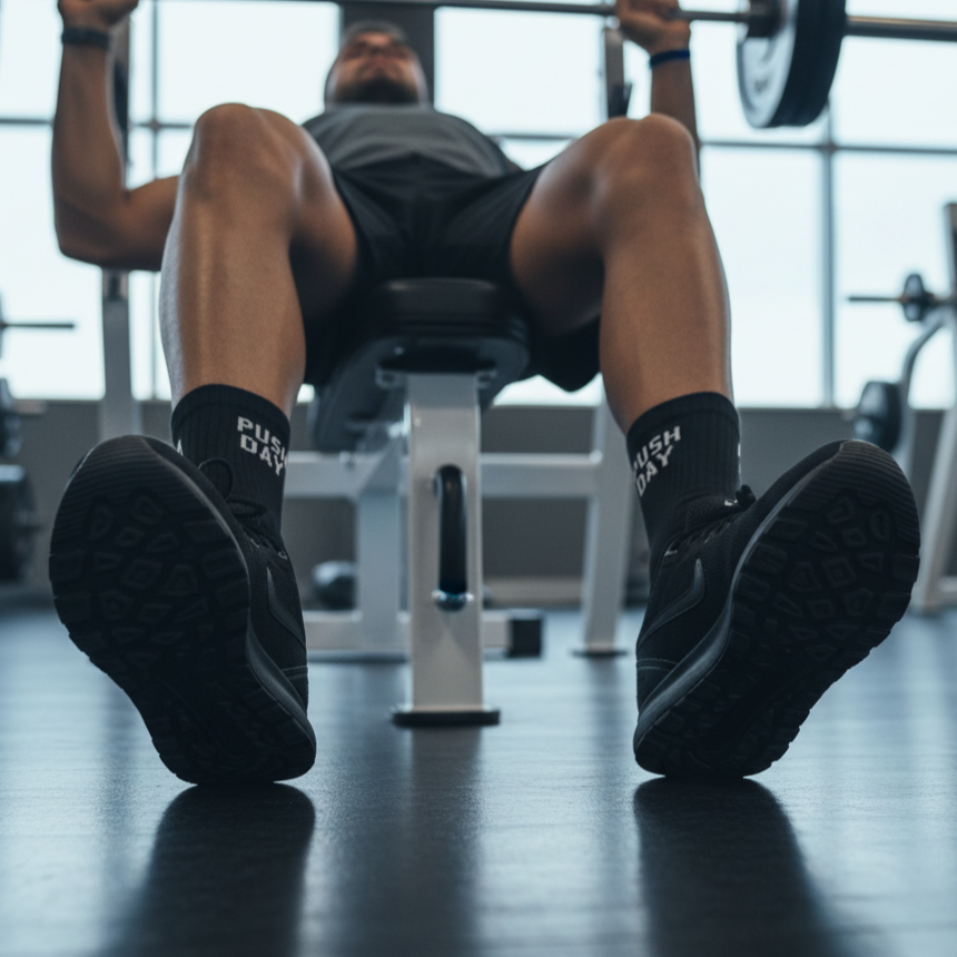 Black ankle socks 'push day' text , soft cotton blend, durable for gym days from The Sock Street.