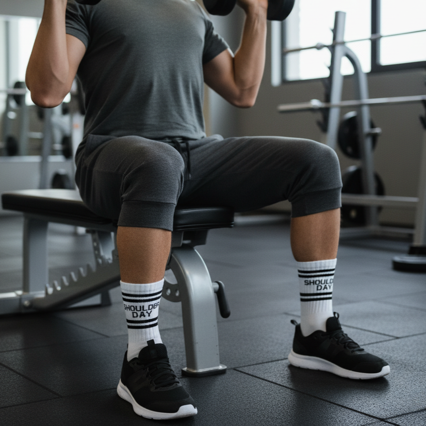 White ankle socks 'shoulder day' text , soft cotton blend, durable for gym days from The Sock Street.