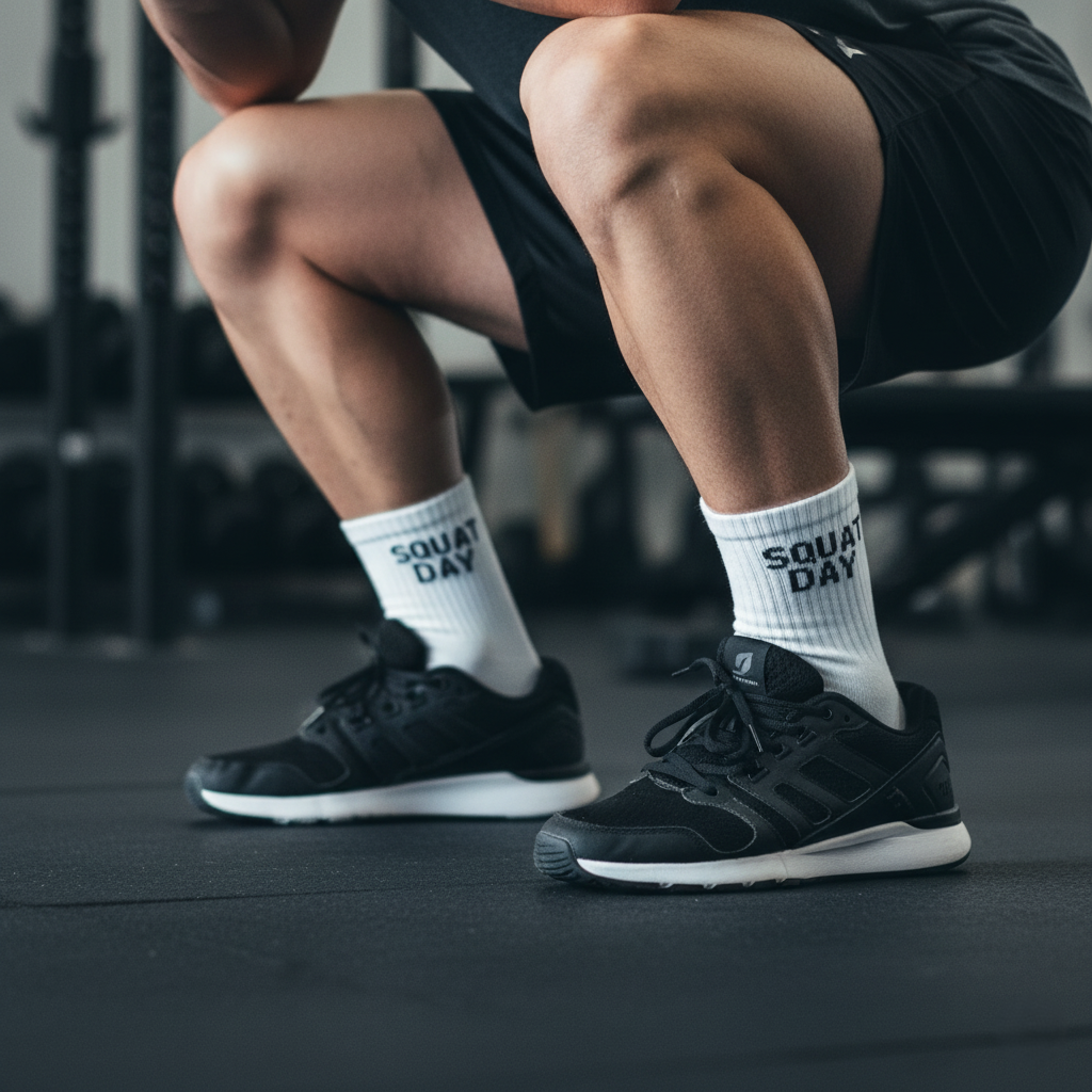 White ankle socks 'squat day' text , soft cotton blend, durable for gym days from The Sock Street.