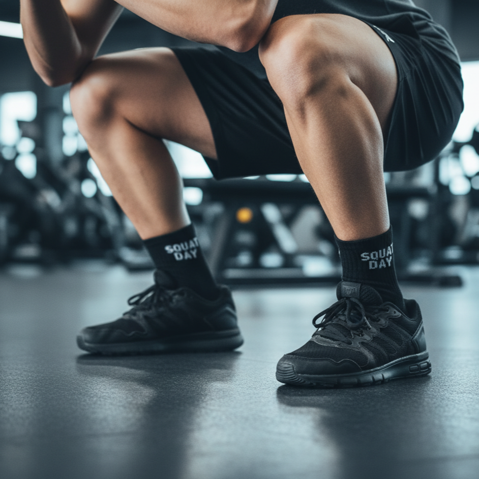 Black ankle socks 'squat day' text , soft cotton blend, durable for gym days from The Sock Street.
